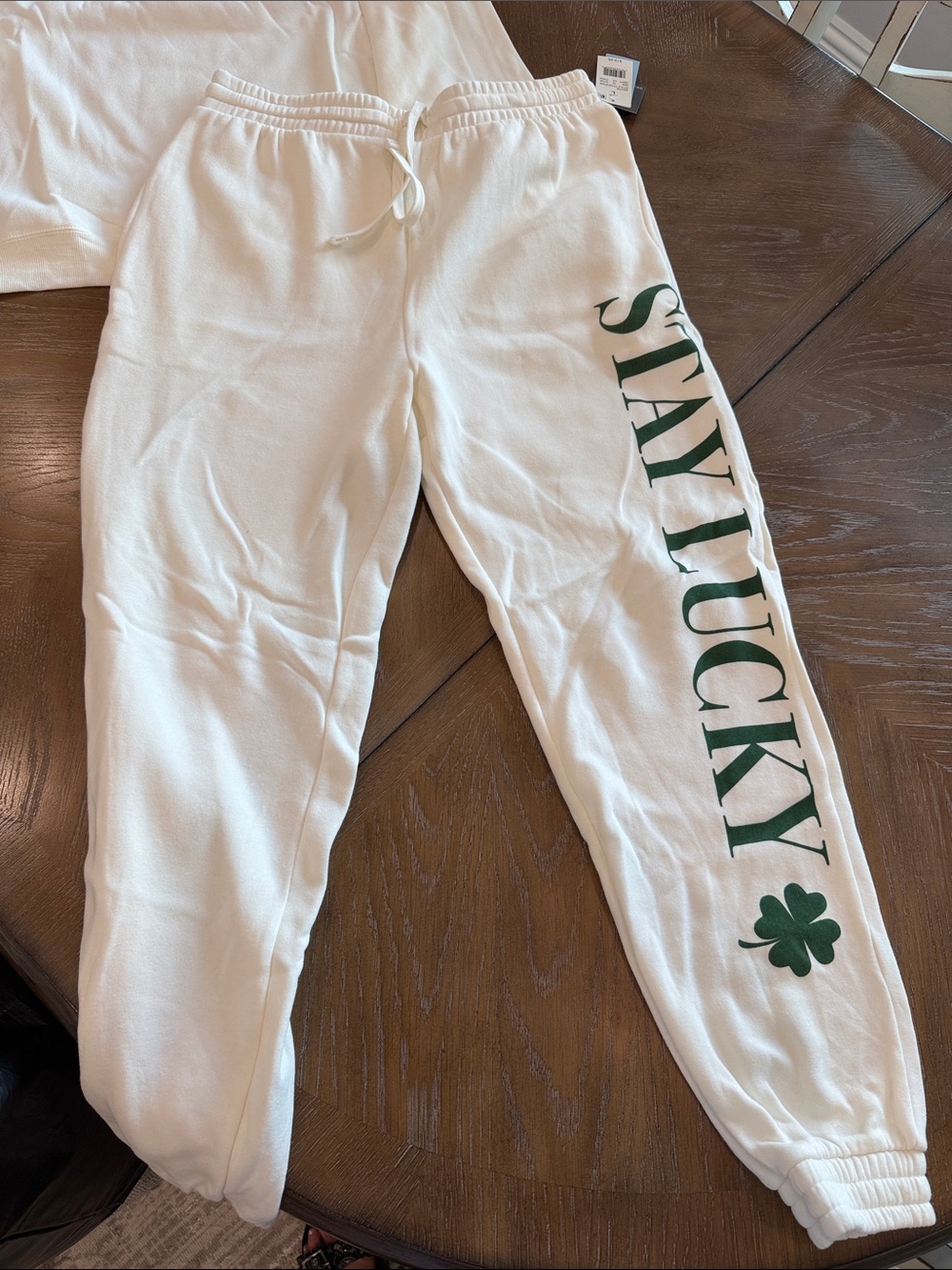 Grayson Threads White Sweatshirt & Joggers Set with Green "STAY LUCKY" Print - Picture 2 of 10